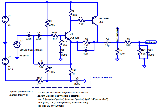 [Schematic: Leach preamp line-level stage w/ PSRR fix]